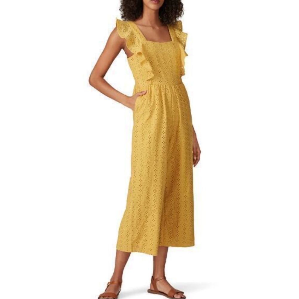 MINKPINK Yellow Eyelet Ruffle Cropped Jumpsuit Revolve SZ L EUC